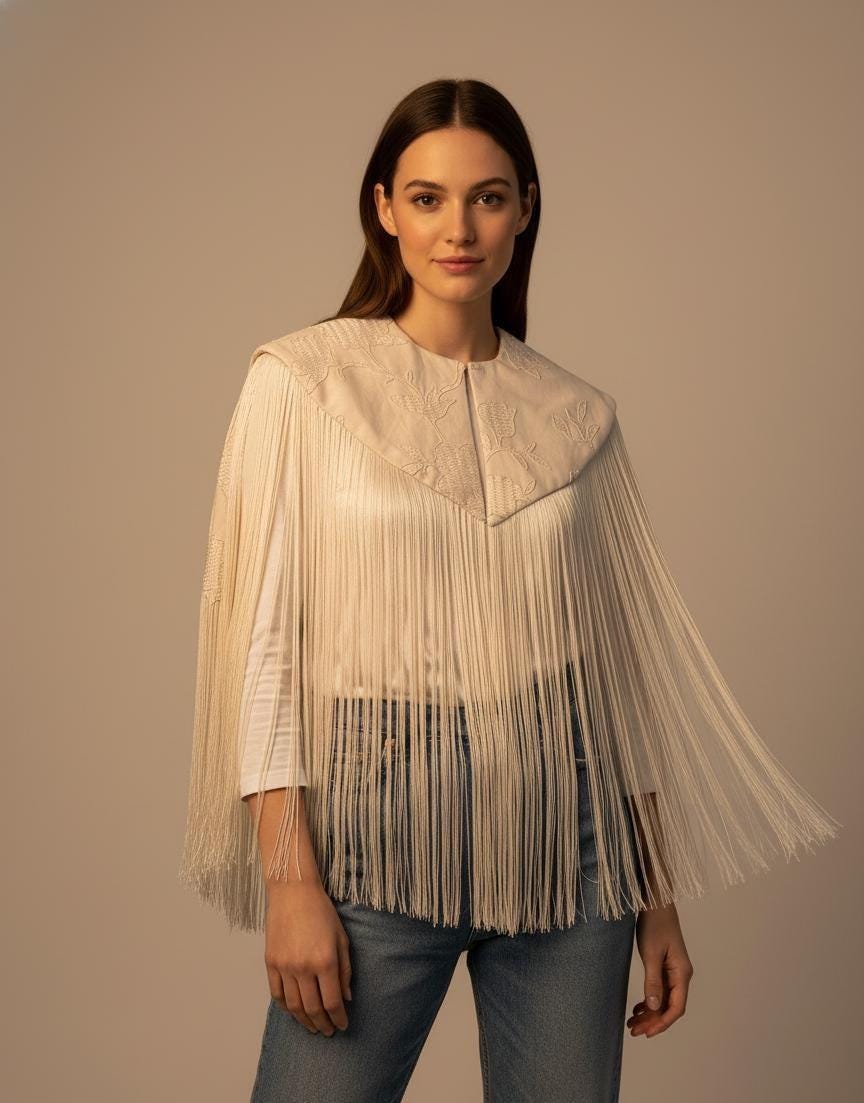 Linen & Embroidery Fringe Flecolet Cape