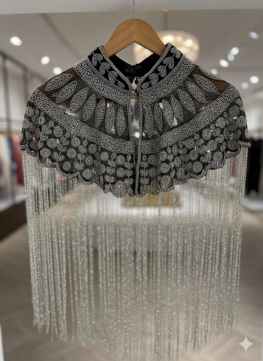 Beaded Black & Silver Flecolet Cape