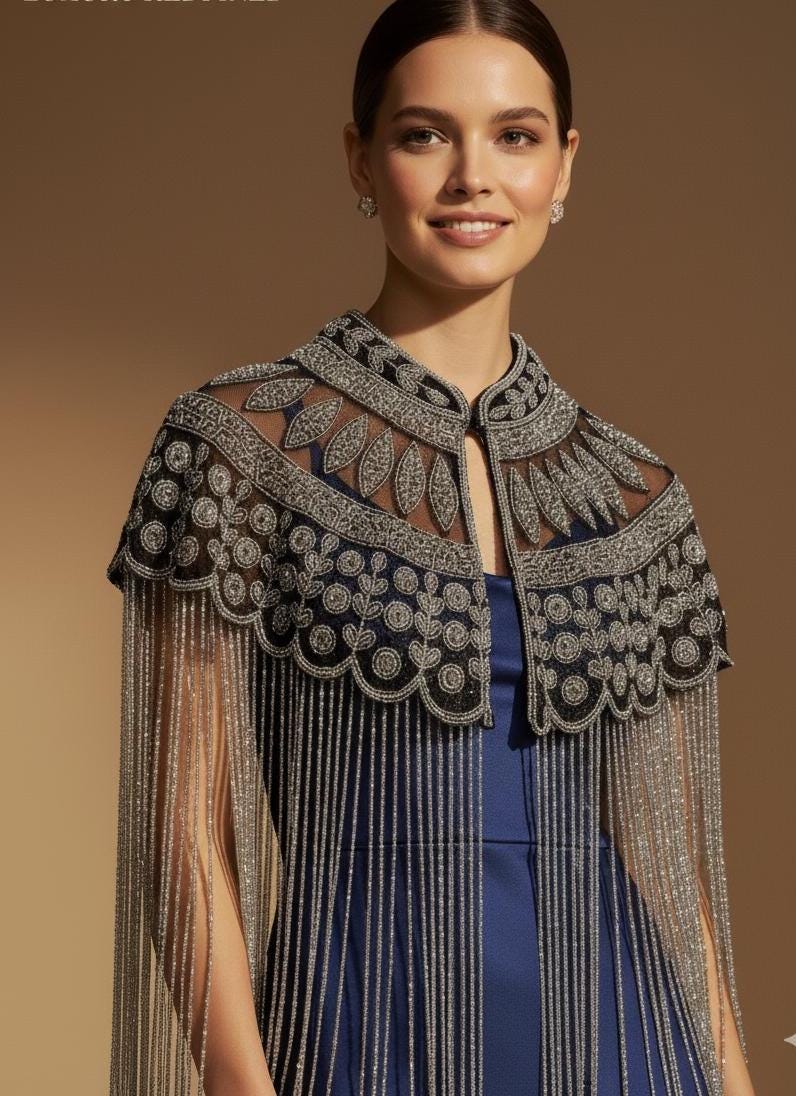 Beaded Black & Silver Flecolet Cape