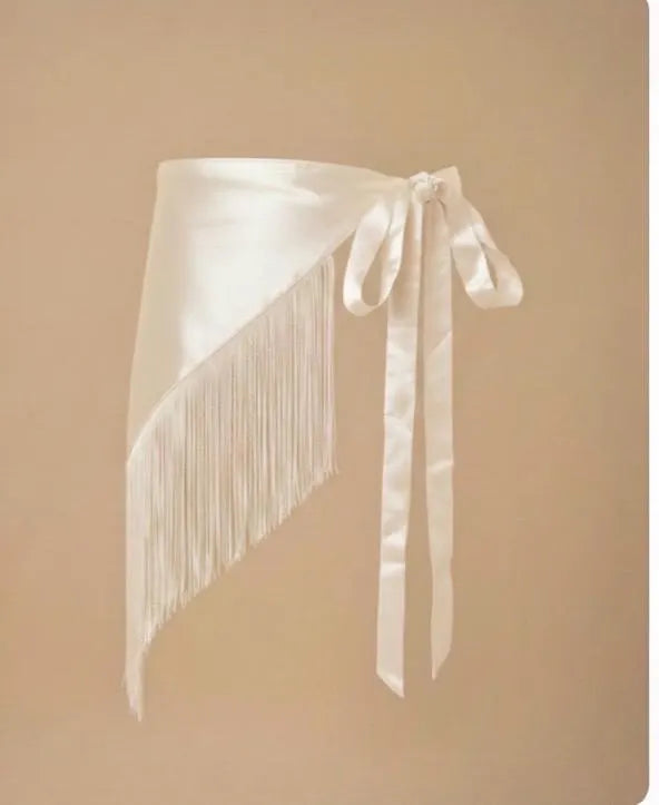 Ivory Raw Silk Fringe Belt Shawl