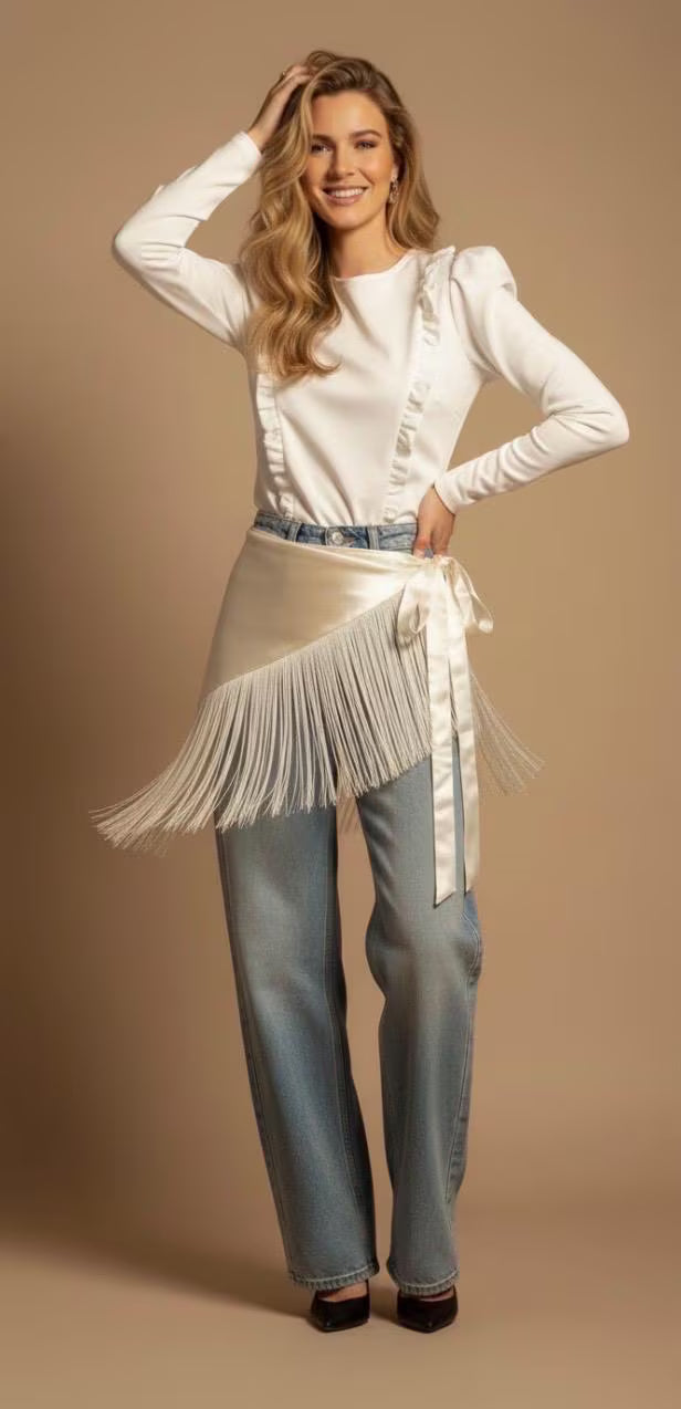 Ivory Raw Silk Fringe Belt Shawl