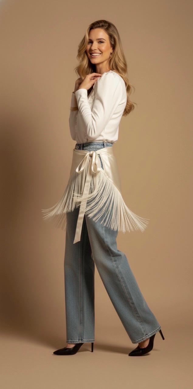 Ivory Raw Silk Fringe Belt Shawl