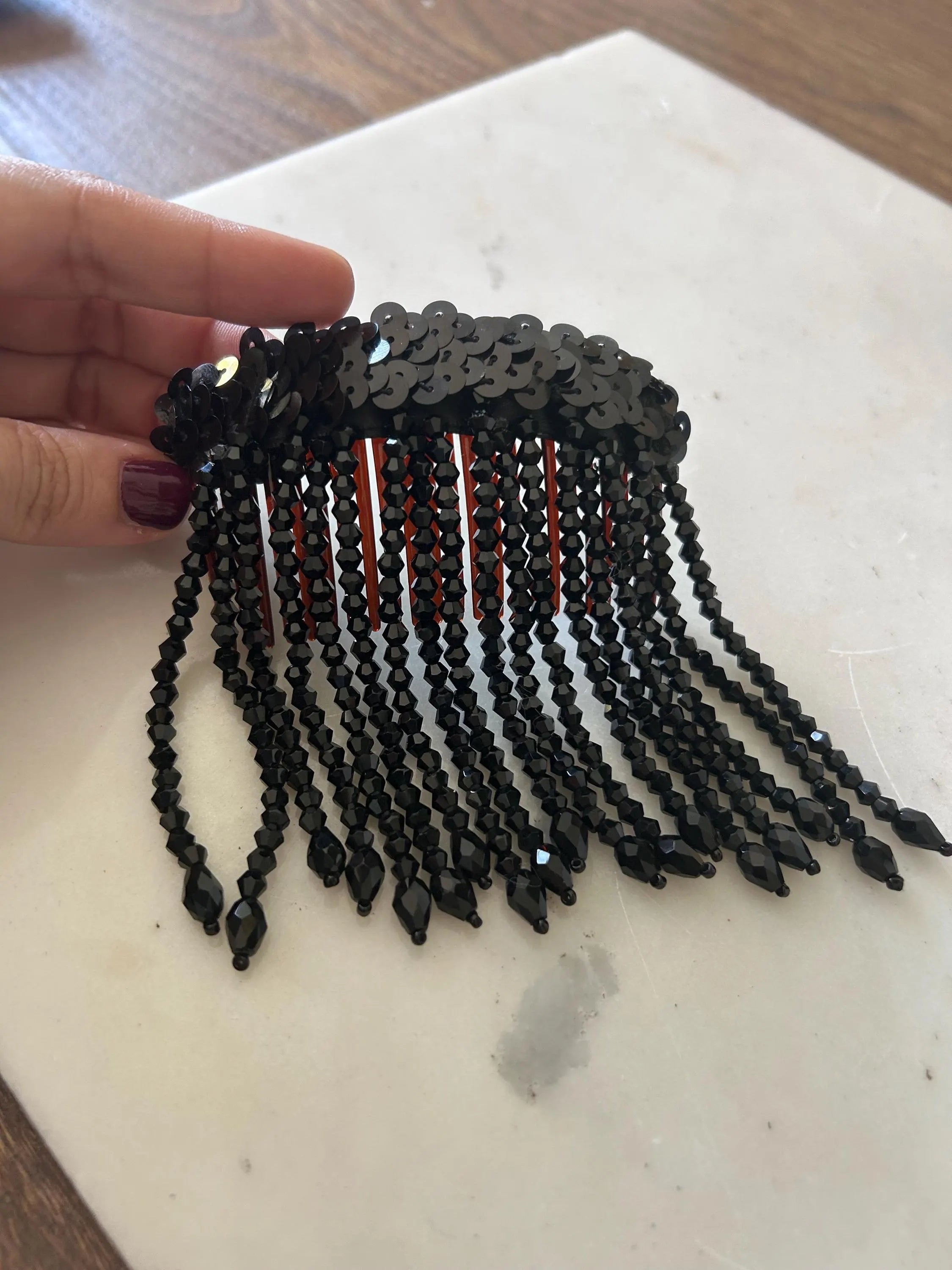 Black Bead Fringe French Comb