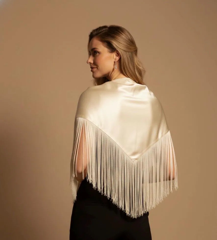 Ivory Raw Silk Fringe Belt Shawl
