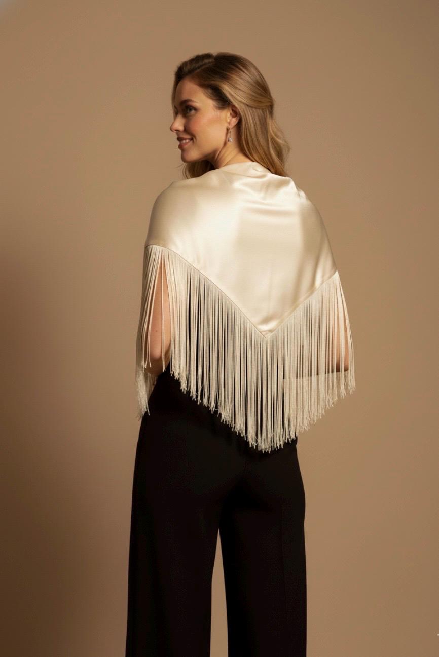 Ivory Raw Silk Fringe Belt Shawl