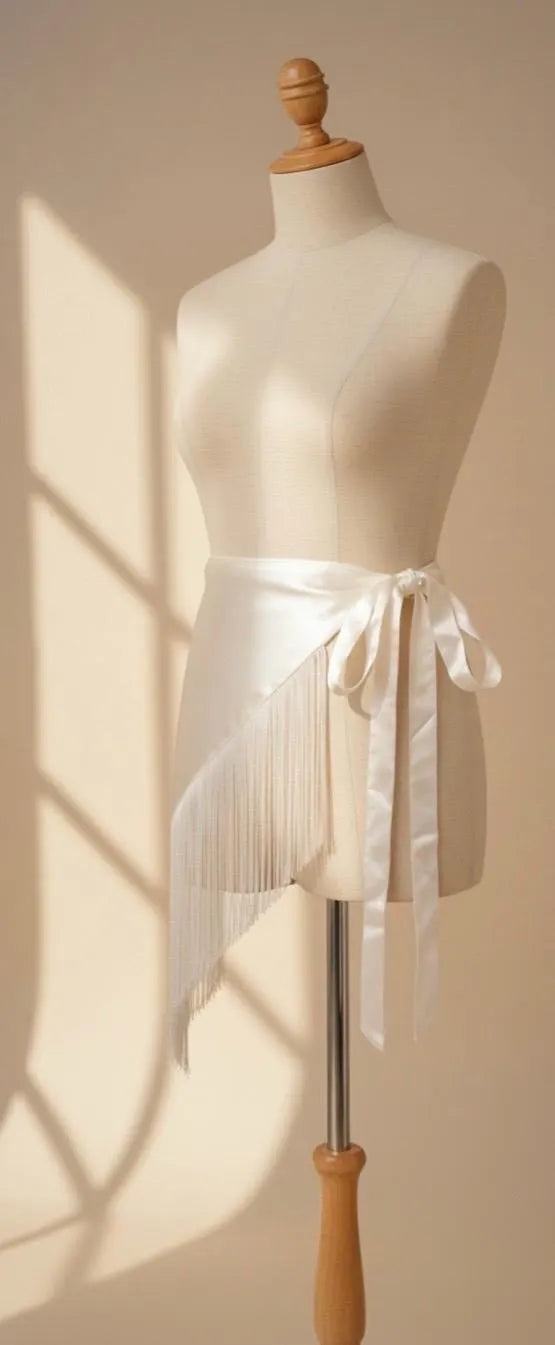 Ivory Raw Silk Fringe Belt Shawl